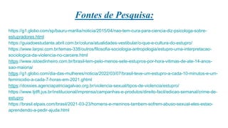 Fontes de Pesquisa:
https://g1.globo.com/sp/bauru-marilia/noticia/2015/04/nao-tem-cura-para-ciencia-diz-psicologa-sobre-
estupradores.html
https://guiadoestudante.abril.com.br/coluna/atualidades-vestibular/o-que-e-cultura-do-estupro/
https://www.larpsi.com.br/temas-338/outros/filosofia-sociologia-antropologia/estupro-uma-interpretacao-
sociologica-da-violencia-no-carcere.html
https://www.istoedinheiro.com.br/brasil-tem-pelo-menos-sete-estupros-por-hora-vitimas-de-ate-14-anos-
sao-maioria/
https://g1.globo.com/dia-das-mulheres/noticia/2022/03/07/brasil-teve-um-estupro-a-cada-10-minutos-e-um-
feminicidio-a-cada-7-horas-em-2021.ghtml
https://dossies.agenciapatriciagalvao.org.br/violencia-sexual/tipos-de-violencia/estupro/
https://www.tjdft.jus.br/institucional/imprensa/campanhas-e-produtos/direito-facil/edicao-semanal/crime-de-
estupro
https://brasil.elpais.com/brasil/2021-03-23/homens-e-meninos-tambem-sofrem-abuso-sexual-eles-estao-
aprendendo-a-pedir-ajuda.html
 