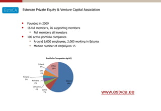 Estonian Private Equity & Venture Capital Association



•   Founded in 2009
•   16 full members, 26 supporting members
      •    Full members all investors
•   100 active portfolio companies
      •    Around 6,000 employees, 2,000 working in Estonia
      •    Median number of employees 15



                          Portfolio Companies by HQ

                 Poland
                   3%          Other
                               14%
                    USA
                    6%
Finland
  3%
          Romania                            Estonia
            4%                                59%
           Lithuania
              4%     Latvia
                      7%                                      www.estvca.ee
 