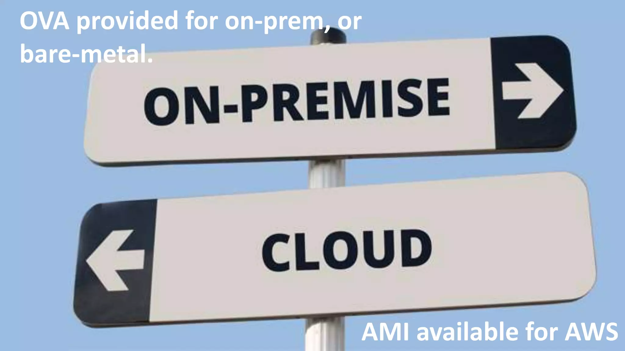 43
OVA provided for on-prem, or
bare-metal.
AMI available for AWS
 