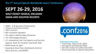 37
SEPT 26-29, 2016
WALT DISNEY WORLD, ORLANDO
SWAN AND DOLPHIN RESORTS
• 5000+ IT & Business Professionals
• 3 days of technical content
• 165+ sessions
• 80+ Customer Speakers
• 35+ Apps in Splunk Apps Showcase
• 75+ Technology Partners
• 1:1 networking: Ask The Experts and Security
Experts, Birds of a Feather and Chalk Talks
• NEW hands-on labs!
• Expanded show floor, Dashboards Control
Room & Clinic, and MORE!
The 7th Annual Splunk Worldwide Users’ Conference
PLUS Splunk University
• Three days: Sept 24-26, 2016
• Get Splunk Certified for FREE!
• Get CPE credits for CISSP, CAP, SSCP
• Save thousands on Splunk education!
 
