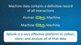 Machine data contains a definitive record
of all interactions
Splunk is a very effective platform to collect,
store, and analyze all of that data
Human Machine
Machine Machine
 