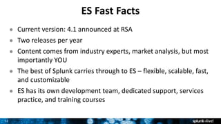 11
ES Fast Facts
● Current version: 4.1 announced at RSA
● Two releases per year
● Content comes from industry experts, market analysis, but most
importantly YOU
● The best of Splunk carries through to ES – flexible, scalable, fast,
and customizable
● ES has its own development team, dedicated support, services
practice, and training courses
 