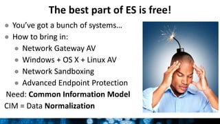 The best part of ES is free!
● You’ve got a bunch of systems…
● How to bring in:
● Network Gateway AV
● Windows + OS X + Linux AV
● Network Sandboxing
● Advanced Endpoint Protection
Need: Common Information Model
CIM = Data Normalization
 