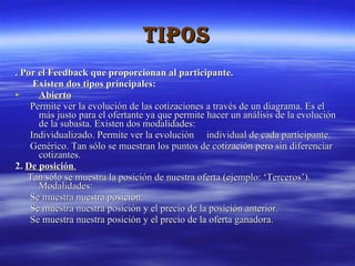 TIPOS . Por el Feedback que proporcionan al participante. Existen dos tipos principales: Abierto   Permite ver la evolución de las cotizaciones a través de un diagrama. Es el más justo para el ofertante ya que permite hacer un análisis de la evolución de la subasta. Existen dos modalidades: Individualizado. Permite ver la evolución  individual de cada participante.  Genérico. Tan sólo se muestran los puntos de cotización pero sin diferenciar cotizantes.  2.  De posición .   Tan sólo se muestra la posición de nuestra oferta (ejemplo: ‘Terceros’). Modalidades: Se muestra nuestra posición.  Se muestra nuestra posición y el precio de la posición anterior.  Se muestra nuestra posición y el precio de la oferta ganadora.  