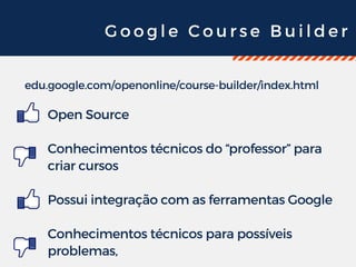 G o o g l e C o u r s e B u i l d e r
edu.google.com/openonline/course-builder/index.html
Open Source
Conhecimentos técnicos do “professor” para
criar cursos
Possui integração com as ferramentas Google
Conhecimentos técnicos para possíveis
problemas,
 