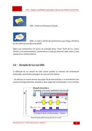 LEDs - Origem, atualidade, aplicações e futuro, por Mauri Luiz da Silva
Workshop On-Line - Portal Lighting Now - Out/2012 31
1995 - Primeiro LED branco é lançado
2008 - É criado o LED de alta performance, que chega a eficiência
de até 120 lm/w com IRC entre 80-89.
Agora que conhecemos um pouco da evolução dessa “nova” fonte de luz, vamos
estudar o seu funcionamento, características e tudo que devemos saber sobre a nova
estrela da luz artificial-elétrica.
4.2 - Geração de Luz nos LEDs
A obtenção da luz através de LEDs ocorre quando os mesmos são diretamente
polarizados, permitindo a passagem de uma corrente eletrica.
- Os elétrons se movem através da junção PN do semicondutor e se recombinam com
as lacunas (cargas positivas). Quando as duas cargas são recombinadas, a luz é emitida.
Representação gráfica da geração de luz no LED
 