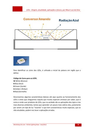 LEDs - Origem, atualidade, aplicações e futuro, por Mauri Luiz da Silva
Workshop On-Line - Portal Lighting Now - Out/2012 36
Para identificar as cores dos LEDs, é utilizada a inicial da palavra em inglês que a
define:
Código de Cores para os LEDS.
W White (Branco)
B Blue (Azul)
G Green (Verde)
A Amber ( Âmbar)
R Red (Vermelho
Descrevemos algumas características básicas até aqui quanto ao funcionamento dos
LEDs e antes que cheguemos naquilo que muitos esperam ansiosos por saber, que é
como e onde usar produtos de LEDs, que na verdade são as aplicações dos tipos e nos
mais diversos ambientes, temos que aprender um pouco mais sobres eles, justamente
por serem um tipo de luz “recente” e que tem características muito especiais, que se
não estudadas, podem nos levar a aplicações erradas.
 