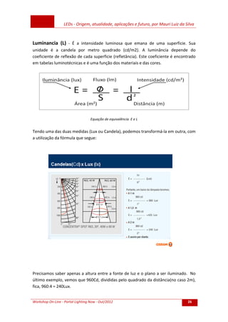 LEDs - Origem, atualidade, aplicações e futuro, por Mauri Luiz da Silva
Workshop On-Line - Portal Lighting Now - Out/2012 26
Luminancia (L) - É a intensidade luminosa que emana de uma superficie. Sua
unidade é a candela por metro quadrado (cd/m2). A luminância depende do
coeficiente de reflexão de cada superficie (refletância). Este coeficiente é encontrado
em tabelas luminotécnicas e é uma função dos materiais e das cores.
Equação de equivalência E e L
Tendo uma das duas medidas (Lux ou Candela), podemos transformá-la em outra, com
a utilização da fórmula que segue:
Precisamos saber apenas a altura entre a fonte de luz e o plano a ser iluminado. No
último exemplo, vemos que 960Cd, divididas pelo quadrado da distância(no caso 2m),
fica, 960:4 = 240Lux.
 