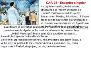No capítulo anterior, André estava
observando os “recém chegados do
Umbral” trazidos e atendidos pelos
Samaritanos, Narcisa, Salustiano... E André
acaba caindo nas tramas da curiosidade e
se compraz na conversa de um Espírito em
profundo sofrimento e perturbação.
CAP. 35 - Encontro singular
Guardavam-se petrechos da excursão e recolhiam-se os animais de serviço,
quando a voz de alguém se fez ouvir carinhosamente, ao meu lado:
_André? Você aqui? Muito bem! Que agradável surpresa!...
A condição Superior da Família de André
Voltei-me surpreendido e reconheci, no Samaritano que assim falava, o
velho Silveira, pessoa de meu conhecimento, a quem meu pai, como
negociante inflexível, despojara, um dia, de todos os bens.
 