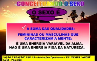 O SEXO É
A SOMA DAS QUALIDADES:
FEMININAS OU MASCULINAS QUE
CARACTERIZAM A MENTE;
“AÇÃO E REAÇÃO” CAP. 15 – Anotações Oportunas – F.C. XAVIER / ANDRÉ
LUIZ – Pág: 203
É UMA ENERGIA VARIÁVEL DA ALMA,
NÃO É UMA ENERGIA FIXA DA NATUREZA.
(INSTRUTOR SILAS)
 