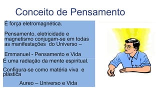 Conceito de Pensamento
É força eletromagnética.
Pensamento, eletricidade e
magnetismo conjugam-se em todas
as manifestações do Universo –
Emmanuel - Pensamento e Vida
É uma radiação da mente espiritual.
Configura-se como matéria viva e
plástica
Aureo – Universo e Vida
 