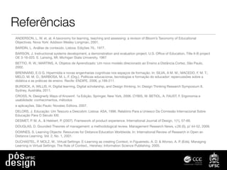 Referências
ANDERSON, L. W. et. al. A taxonomy for learning, teaching and assessing: a revison of Bloom’s Taxonomy of Educational
Objectives. Nova York: Addison Wesley Longman, 2001.
BARDIN, L. Análise de conteúdo. Lisboa: Edições 70,. 1977.
BARSON, J. Instructional systems development, a demonstration and evaluation project. U.S. Ofﬁce of Education, Title II-B project
OE 3-16-025. E. Lansing, MI: Michigan State University, 1967
BETTIO, R. W.; MARTINS, A. Objetos de Aprendizado: Um novo modelo direcionado ao Ensino a Distância.Cortez, São Paulo,
2002.
BRENNAND, E.G G. Hipermídia e novas engenharias cognitivas nos espaços de formação. In: SILVA, A M. M.; MACEDO, F. M. T.;
MELO, M. M. O.; BARBOSA, M. L. F. (Org.). Políticas educacionai, tecnologias e formação do educador: repercussões sobre a
didática e as práticas de ensino. Recife: ENDIPE, 2006, p.199-211.
BURDICK, A; WILLIS, H. Digital learning, Digital scholarship, and Design thinking. In: Design Thinking Research Symposium 8.
Sydney, Austrália, 2011.
CROSS, N. Designerly Ways of Knowinf. 1a Edição, Springer, New York, 2006. CYBIS, W. BETIOL, A. FAUST, F. Ergonomia e
usabilidade: conhecimentos, métodos
e aplicações. São Paulo: Novatec Editora. 2007.
DELORS, J. Educação: Um Tesouro a Descobrir. Lisboa: ASA, 1996. Relatório Para a Uniesco Da Comissão Internacional Sobre
Educação Para O Século XXI.
DESMET, P. M. A., & Hekkert, P. (2007). Framework of product experience. International Journal of Design, 1(1), 57-66.
DOUGLAS, D. Gounded Theories of management: a methodological review. Management Research News, v.26 (5), p/ 44-52, 2009.
DOWNES, S. Learning Objects: Resources for Distance Education Worldwide. In: International Review of Research in Open an
Distance Learning. Vol. 2, No. 1, 2001.
DUCHASTEL, P. MOLZ, M.. Virtual Settings: E-Learning as creating Context, in Figueiredo, A. D. & Afonso, A. P. (Eds). Managing
Learning in Virtual Settings: The Role of Context,. Hershey: Information Science Publishing. 2005.
 