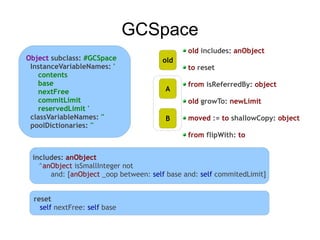 GCSpace
                                              old includes: anObject
Object subclass: #GCSpace             old
 InstanceVariableNames: '                     to reset
   contents
   base                                       from isReferredBy: object
   nextFree                            A
   commitLimit                                old growTo: newLimit
   reservedLimit '
 classVariableNames: ''                B      moved := to shallowCopy: object
 poolDictionaries: ''
                                              from flipWith: to


 includes: anObject
   ^anObject isSmallInteger not
      and: [anObject _oop between: self base and: self commitedLimit]


  reset
    self nextFree: self base
 