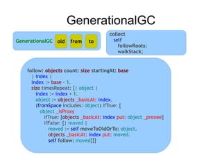 GenerationalGC
                                        collect
GenerationalGC old     from    to         self
                                            followRoots;
                                            walkStack;


    follow: objects count: size startingAt: base
      | index |
      index := base - 1.
      size timesRepeat: [| object |
        index := index + 1.
        object := objects _basicAt: index.
        (fromSpace includes: object) ifTrue: [
          object _isProxy
            ifTrue: [objects _basicAt: index put: object _proxee]
            ifFalse: [| moved |
              moved := self moveToOldOrTo: object.
              objects _basicAt: index put: moved.
              self follow: moved]]]
 