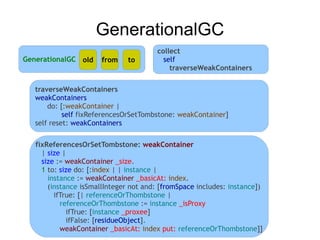 GenerationalGC
                                        collect
GenerationalGC old     from    to         self
                                            traverseWeakContainers

   traverseWeakContainers
   weakContainers
       do: [:weakContainer |
            self fixReferencesOrSetTombstone: weakContainer]
   self reset: weakContainers

   fixReferencesOrSetTombstone: weakContainer
     | size |
     size := weakContainer _size.
     1 to: size do: [:index | | instance |
       instance := weakContainer _basicAt: index.
       (instance isSmallInteger not and: [fromSpace includes: instance])
         ifTrue: [| referenceOrThombstone |
           referenceOrThombstone := instance _isProxy
             ifTrue: [instance _proxee]
             ifFalse: [residueObject].
           weakContainer _basicAt: index put: referenceOrThombstone]]
 