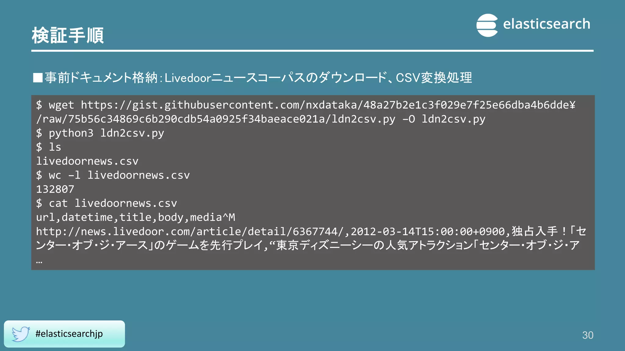 検証手順
■事前ドキュメント格納：Livedoorニュースコーパスのダウンロード、CSV変換処理
30
#elasticsearchjp
$ wget https://gist.githubusercontent.com/nxdataka/48a27b2e1c3f029e7f25e66dba4b6dde¥
/raw/75b56c34869c6b290cdb54a0925f34baeace021a/ldn2csv.py –O ldn2csv.py
$ python3 ldn2csv.py
$ ls
livedoornews.csv
$ wc –l livedoornews.csv
132807
$ cat livedoornews.csv
url,datetime,title,body,media^M
http://news.livedoor.com/article/detail/6367744/,2012-03-14T15:00:00+0900,独占入手！「セ
ンター・オブ・ジ・アース」のゲームを先行プレイ,“東京ディズニーシーの人気アトラクション「センター・オブ・ジ・ア
…
 
