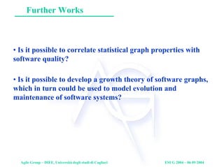 Agile Group – DIEE, Università degli studi di Cagliari ESUG 2004 – 06 09 2004
Further Works
• Is it possible to correlate statistical graph properties with
software quality?
• Is it possible to develop a growth theory of software graphs,
which in turn could be used to model evolution and
maintenance of software systems?
 
