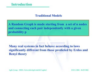 Agile Group – DIEE, Università degli studi di Cagliari ESUG 2004 – 06 09 2004
Introduction
Traditional Models
A Random Graph is made starting from a set of n nodes
and connecting each pair independently with a given
probability p
Many real systems in fact behave according to laws
significantly different from those predicted by Erdos and
Renyi theory
 