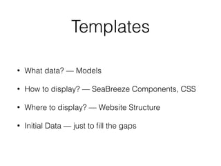 Templates
• What data? — Models
• How to display? — SeaBreeze Components, CSS
• Where to display? — Website Structure
• Initial Data — just to ﬁll the gaps
 