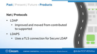Proprietary & Confidential
Past / Present / Future - Products
@ArdenTCST #ESUG17
Net / Protocols
• LDAP
• Improved and moved from contributed
to supported
• LDAPS
• Uses aTLS connection for Secure LDAP
COMPANY CONFIDENTIAL | ©2017 Cincom Systems, Inc. All Rights Reserved.
 