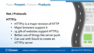 Proprietary & Confidential
Past / Present / Future - Products
@ArdenTCST #ESUG17
Net / Protocols
HTTP/2
• HTTP/2 is a major revision of HTTP
• Major browsers support it
• 15.9% of websites support HTTP/2
• Better use of things like server push
• Can use with SiouX to create an
HTTP/2 server
COMPANY CONFIDENTIAL | ©2017 Cincom Systems, Inc. All Rights Reserved.
 