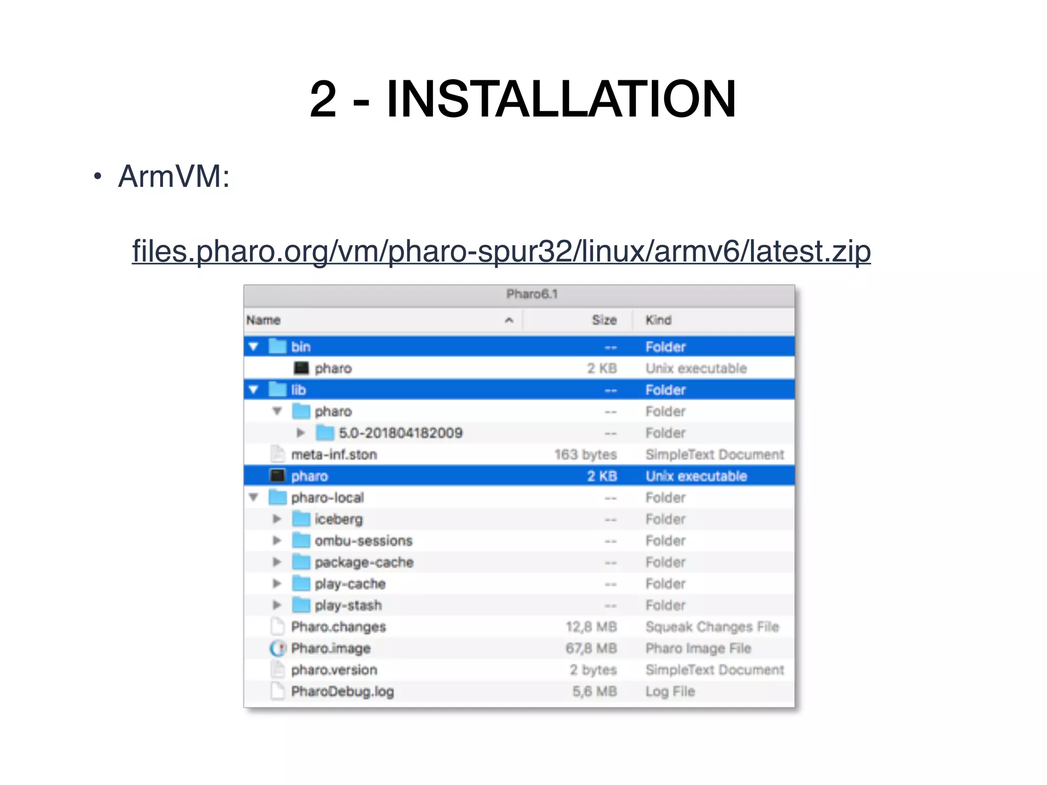 2 - INSTALLATION
• ArmVM:   
     ﬁles.pharo.org/vm/pharo-spur32/linux/armv6/latest.zip
 
