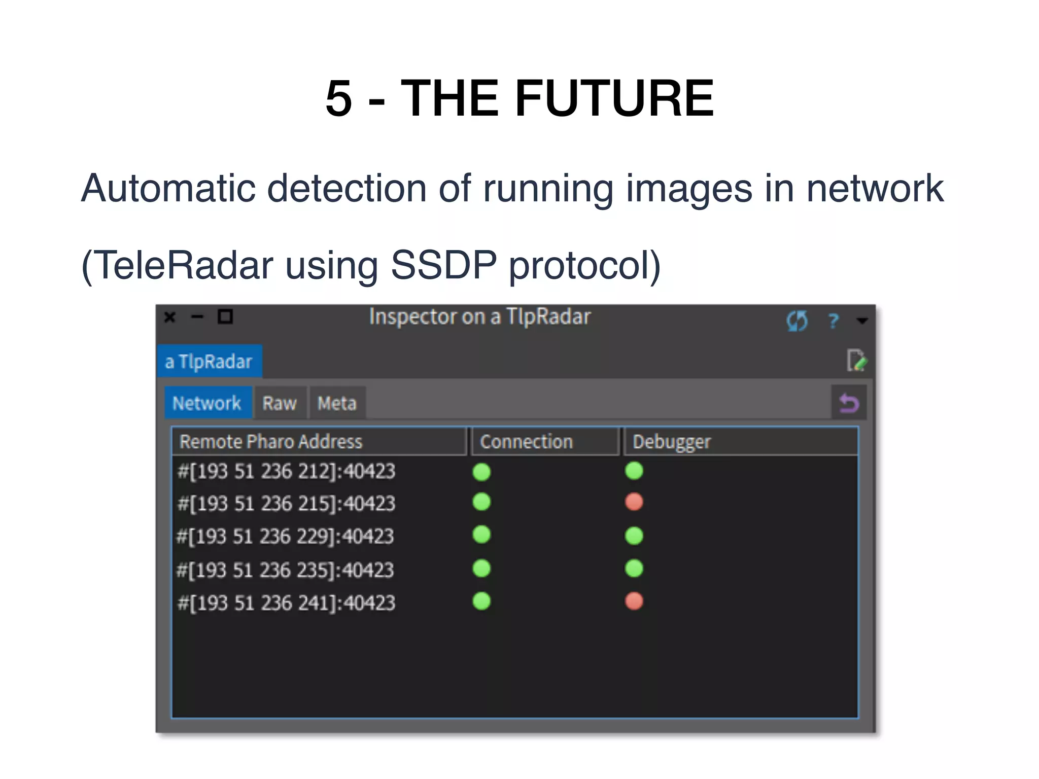 5 - THE FUTURE
Automatic detection of running images in network 
(TeleRadar using SSDP protocol)
 