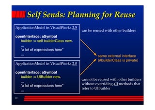 Self Sends: Planning for Reuse
ApplicationModel in VisualWorks 2.5
                                       can be reused with other builders
openInterface: aSymbol
   builder := self builderClass new.
   ...
   “a lot of expressions here”
   ...                                          same external interface
                                                (#builderClass is private)
ApplicationModel in VisualWorks 2.0

openInterface: aSymbol
   builder := UIBuilder new.
                                       cannot be reused with other builders
   ...
                                       without overriding all methods that
   “a lot of expressions here”
                                       refer to UIBuilder
   ...

12
 