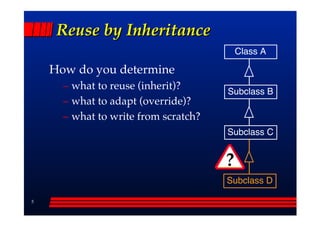 Reuse by Inheritance
                                           Class A

    How do you determine
      –– what to reuse (inherit)?      Subclass B
      –– what to adapt (override)?
      –– what to write from scratch?
                                       Subclass C


                                       ?
                                       Subclass D

5
 