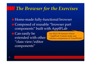 The Browser for the Exercises

     Home-made fully-functional browser
     Composed of reusable ““browser part
     components”” built with ApplFLab
     Can easily be         See ESUG’’96 Summer School
                           ““ApplFLab: Custom-made user
     extended with other interface components in VisualWorks””
     ““class view/editor
     components””


61
 