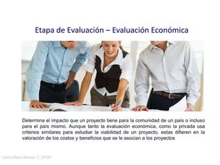 Carlos Mario Morales C 2015©15
Etapa de Evaluación – Evaluación Económica
Determina el impacto que un proyecto tiene para la comunidad de un país o incluso
para el país mismo. Aunque tanto la evaluación económica, como la privada usa
criterios similares para estudiar la viabilidad de un proyecto, estas difieren en la
valoración de los costos y beneficios que se le asocian a los proyectos
 