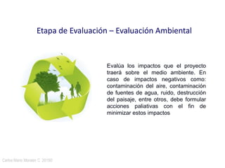 Carlos Mario Morales C 2015©17
Etapa de Evaluación – Evaluación Ambiental
Evalúa los impactos que el proyecto
traerá sobre el medio ambiente. En
caso de impactos negativos como:
contaminación del aire, contaminación
de fuentes de agua, ruido, destrucción
del paisaje, entre otros, debe formular
acciones paliativas con el fin de
minimizar estos impactos
 