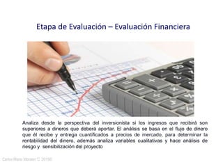 Carlos Mario Morales C 2015©18
Etapa de Evaluación – Evaluación Financiera
Analiza desde la perspectiva del inversionista si los ingresos que recibirá son
superiores a dineros que deberá aportar. El análisis se basa en el flujo de dinero
que él recibe y entrega cuantificados a precios de mercado, para determinar la
rentabilidad del dinero, además analiza variables cualitativas y hace análisis de
riesgo y sensibilización del proyecto
 
