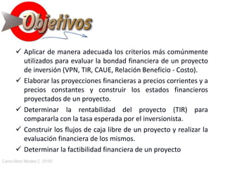 Carlos Mario Morales C 2015©21
 Aplicar de manera adecuada los criterios más comúnmente
utilizados para evaluar la bondad financiera de un proyecto
de inversión (VPN, TIR, CAUE, Relación Beneficio - Costo).
 Elaborar las proyecciones financieras a precios corrientes y a
precios constantes y construir los estados financieros
proyectados de un proyecto.
 Determinar la rentabilidad del proyecto (TIR) para
compararla con la tasa esperada por el inversionista.
 Construir los flujos de caja libre de un proyecto y realizar la
evaluación financiera de los mismos.
 Determinar la factibilidad financiera de un proyecto
 