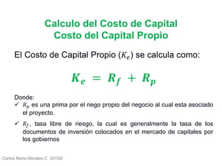 Carlos Mario Morales C 2015©
El Costo de Capital Propio (𝐾𝑒) se calcula como:
𝑲 𝒆 = 𝑹 𝒇 + 𝑹 𝒑
Donde:
 𝑅 𝑝 es una prima por el riego propio del negocio al cual esta asociado
el proyecto.
 𝑅𝑓 , tasa libre de riesgo, la cual es generalmente la tasa de los
documentos de inversión colocados en el mercado de capitales por
los gobiernos
Calculo del Costo de Capital
Costo del Capital Propio
 