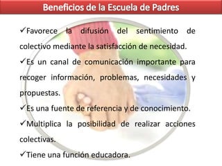 ObjetivosPromover un cambio de actitud de los padres de familia frente a los problemas sociales y familiares, a fin de buscar soluciones a sus conflictos más comunes.Ofrecer a los padres de familia la ocasión de una seria reflexión de su responsabilidad en el proceso de formación de sus hijos.Fomentar la participación de los padres de familia en la vida escolar de sus hijos.