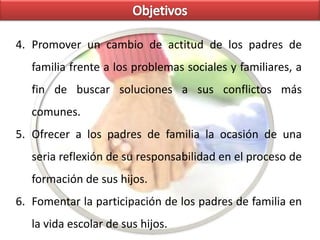 Cultura alternativaObjetivosEducar la actitud de los padres ante las situaciones que se producen en la relación con sus hijos. Potenciar la comunicación como elemento fundamental de la convivencia familiar.Favorecer la integración escolar y comunitaria