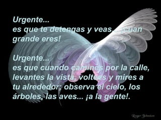Urgente... es que te detengas y veas... ¡cuan grande eres! Urgente... es que cuando camines por la calle, levantes la vista, voltees y mires a tu alrededor; observa el cielo, los árboles, las aves... ¡a la gente!. 