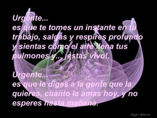 Urgente... es que te tomes un instante en tu trabajo, salgas y respires profundo y sientas cómo el aire llena tus pulmones y... ¡estas vivo!. Urgente... es que le digas a la gente que la quieres, cuanto la amas hoy, y no esperes hasta mañana. 