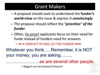 Grant Makers
– A proposal should seek to understand the funder’s
world-view on the issue & express it convincingly.
– The ...