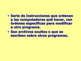 Serie de instrucciones que ordenan a las computadoras qué hacer, con órdenes específicas para modificar a otro programa.  Son archivos ocultos o que se escriben sobre otros programas. 