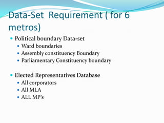 Data-Set Requirement ( for 6
metros)
 Political boundary Data-set
 Ward boundaries
 Assembly constituency Boundary
 Parliamentary Constituency boundary
 Elected Representatives Database
 All corporators
 All MLA
 ALL MP’s

 