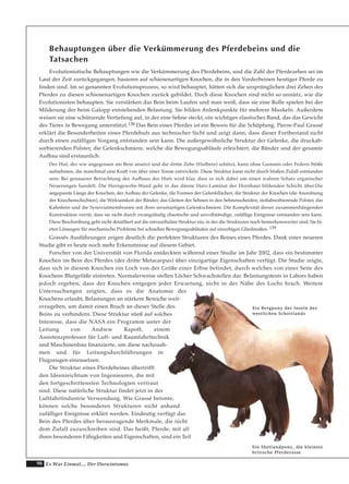 98 Es War Einmal.... Der Darwinismus
Behauptungen über die Verkümmerung des Pferdebeins und die
Tatsachen
Evolutionistische Behauptungen wie die Verkümmerung des Pferdebeins, und die Zahl der Pferdezehen sei im
Lauf der Zeit zurückgegangen, basieren auf schienenartigen Knochen, die in den Vorderbeinen heutiger Pferde zu
finden sind. Im so genannten Evolutionsprozess, so wird behauptet, hätten sich die ursprünglichen drei Zehen des
Pferdes zu diesen schienenartigen Knochen zurück gebildet. Doch diese Knochen sind nicht so unnütz, wie die
Evolutionisten behaupten. Sie verstärken das Bein beim Laufen und man weiß, dass sie eine Rolle spielen bei der
Milderung der beim Galopp entstehenden Belastung. Sie bilden Anlenkpunkte für mehrere Muskeln. Außerdem
weisen sie eine schützende Vertiefung auf, in der eine Sehne steckt, ein wichtiges elastisches Band, das das Gewicht
des Tieres in Bewegung unterstützt.138 Das Bein eines Pferdes ist ein Beweis für die Schöpfung. Pierre-Paul Grassé
erklärt die Besonderheiten eines Pferdehufs aus technischer Sicht und zeigt dann, dass dieser Fortbestand nicht
durch einen zufälligen Vorgang entstanden sein kann. Die außergewöhnliche Struktur der Gelenke, die druckab-
sorbierenden Polster, die Gelenkschmiere, welche die Bewegungsabläufe erleichtert, die Bänder und der gesamte
Aufbau sind erstaunlich:
Der Huf, der wie angegossen am Bein ansetzt und die dritte Zehe (Hufbein) schützt, kann ohne Gummis oder Federn Stöße
aufnehmen, die manchmal eine Kraft von über einer Tonne entwickeln. Diese Struktur kann nicht durch bloßen Zufall entstanden
sein: Bei genauerer Betrachtung des Aufbaus des Hufs wird klar, dass es sich dabei um einen wahren Schatz organischer
Neuerungen handelt. Die Horngewebe-Wand geht in das dünne Harz-Laminat der Hornhaut bildenden Schicht über.Die
angepasste Länge der Knochen, der Aufbau der Gelenke, die Formen der Gelenkflächen, die Struktur der Knochen (die Anordnung
der Knochenschichten), die Wirksamkeit der Bänder, das Gleiten der Sehnen in den Sehnenscheiden, stoßabsorbierende Polster, das
Kahnbein und die Synovialmembranen mit ihrer serumartigen Gelenkschmiere. Die Komplexität dieser zusammenhängenden
Konstruktion verrät, dass sie nicht durch zwangsläufig chaotische und unvollständige, zufällige Ereignisse entstanden sein kann.
Diese Beschreibung geht nicht detailliert auf die intrazelluläre Struktur ein, in der die Strukturen noch bemerkenswerter sind. Sie bi-
eten Lösungen für mechanische Probleme bei schnellen Bewegungsabläufen auf einzehigen Gliedmaßen. 139
Grassés Ausführungen zeigen deutlich die perfekten Strukturen des Beines eines Pferdes. Dank einer neueren
Studie gibt es heute noch mehr Erkenntnisse auf diesem Gebiet.
Forscher von der Universität von Florida entdeckten während einer Studie im Jahr 2002, dass ein bestimmter
Knochen im Bein des Pferdes (der dritte Metacarpus) über einzigartige Eigenschaften verfügt. Die Studie zeigte,
dass sich in diesem Knochen ein Loch von der Größe einer Erbse befindet, durch welches von einer Seite des
Knochens Blutgefäße eintreten. Normalerweise stellen Löcher Schwachstellen dar. Belastungstests in Labors haben
jedoch ergeben, dass der Knochen entgegen jeder Erwartung, nicht in der Nähe des Lochs brach. Weitere
Untersuchungen zeigten, dass es die Anatomie des
Knochens erlaubt, Belastungen an stärkere Bereiche weit-
erzugeben, um damit einen Bruch an dieser Stelle des
Beins zu verhindern. Diese Struktur stieß auf solches
Interesse, dass die NASA ein Programm unter der
Leitung von Andrew Rapoff, einem
Assistenzprofessor für Luft- und Raumfahrttechnik
und Maschinenbau finanzierte, um diese nachzuah-
men und für Leitungsdurchführungen in
Flugzeugen einzusetzen.
Die Struktur eines Pferdebeines übertrifft
den Ideenreichtum von Ingenieuren, die mit
den fortgeschrittensten Technologien vertraut
sind. Diese natürliche Struktur findet jetzt in der
Luftfahrtindustrie Verwendung. Wie Grassé betonte,
können solche besonderen Strukturen nicht anhand
zufälliger Ereignisse erklärt werden. Eindeutig verfügt das
Bein des Pferdes über herausragende Merkmale, die nicht
dem Zufall zuzuschreiben sind. Das heißt, Pferde, mit all
ihren besonderen Fähigkeiten und Eigenschaften, sind ein Teil
EEiinn BBeerrggppoonnyy ddeerr IInnsseellnn ddeess
wweessttlliicchheenn SScchhoottttllaannddss
EEiinn SShheettllaannddppoonnyy,, ddiiee kklleeiinnssttee
bbrriittiisscchhee PPffeerrddeerraassssee
 