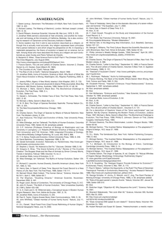 116 Es War Einmal.... Der Darwinismus
ANMERKUNGEN
1. Søren Løvtrup , Darwinism: The Refutation of A Myth, New York: Croom Helm,
1987, S. 422.
2. Richard Leakey, The Making of Mankind, London: Michael Joseph Limited,
1981, S. 43.
3. David Pilbeam, American Scientist, Volumen 66, Mai-Juni, 1978, S. 379.
4. Jonathan Wells earned a doctorate at Yale University, and another for molec-
ular and cell biology at the University of California, Berkeley. He is also continu-
ing his research on Darwinism at the Discovery Institute in Seattle.
5. Some readers may find it odd to see evolution described as a religion, al-
though this is actually most accurate. Any religion expresses basic principles
that a person believes in and which shape his perspective on life. In imposing a
materialist perspective, the theory of evolution is based not on science, but on
faith. Among those who have described this theory as a religion are such evolu-
tionists as Julian Huxley and Pierre Teilhard de Chardin.
6. Benjamin D. Wiker, “Does Science Point to God? Part II: The Christian Critics”,
The Crisis Magazine, July-August 2003,
http://www.crisismagazine.com/julaug2003/feature1.htm.
7. Francis Darwin, The Life and Letters of Charles Darwin, Volumen 2, Charles
Darwin to J.D. Hooker, Down [March 29, 1863].
8. “The Crucible of Life,” Earth, Februar 1998.
9. “The Rise of Life on Earth,” National Geographic, March 1998.
10. Jonathan Wells, Icons of Evolution, Science or Myth, Why Much of What We
Teach About Evolution is Wrong, Washington, DC, Regnery Publishing, 2000, S.
21.
11. Jeremy Rifkin, Algeny: A New World, Istanbul: Ufuk Kitaplari, 2001, S. 133.
12. Paul Davies, C.W. [renowned physicist] & Adams Phillip [journalist], More Big
Questions, ABC Books: Sydney, Australia, 1998, Seiten 53-54, 47-48, 48.
13. Michael J. Behe, Darwin’s Black Box; The Biochemical Challenge to
Evolution, The Free Press, 1996, S. x.
14. Ebd., Seiten 4-5.
15. Gerald L. Schroeder, The Hidden Face of God, The Free Press, New York,
2001, S. 62.
16. Michael J. Behe, Darwin’s Black Box, S.5.
17. W. R. Bird, The Origin of Species Revisited, Nashville: Thomas Nelson Co.,
1991, S. 325.
18. The New Encyclopedia Britannica, Chicago, 1993.
19. Ebd.
20. Charles Darwin, The Origin of Species by Means of Natural Selection, New
York: The Modern Library, S. 234.
21. Alan Feduccia, The Origin and Evolution of Birds, Yale University Press,
1999, S. 81.
22. Niles Eldredge, and Ian Tattersall, The Myths of Human Evolution, Columbia
University Press, 1982, Seiten 45-46. (emphasis added)
23. C.P. Hickman [Professor Emeritus of Biology at Washington and Lee
University in Lexington], L.S. Roberts [Professor Emeritus of Biology at Texas
Tech University], and F.M. Hickman, 1988, Integrated Principles of Zoology,
Times Mirror/Moseby College Publishing, St. Louis, MO. 939 S. 866.
24. T. S. Kemp, Fossils and Evolution, Oxford University Press, 1999, S. 246.
25. David Berlinksi, Commentary, September 1996, S. 28.
26. Gerald Schroeder, Evolution: Rationality vs. Randomness, http://www.ger-
aldschroeder.com/evolution.html.
27. Stephen J. Gould, “An Asteroid to Die For,” Discover, Oktober 1989, S. 65.
28. Gregory A. Wray, “The Grand Scheme of Life,” Review of The Crucible
Creation: The Burgess Shale and the Rise of Animals by Simon Conway Morris,
Trends in Genetics, Februar 1999, Volumen 15, no. 2.
29. Jonathan Wells, Icons of Evolution, S. 31.
30. Niles Eldredge, Ian Tattersall, The Myths of Human Evolution, Seiten 126-
127.
31. Richard C. Lewontin, Human Diversity, Scientific American Library: New York
NY, 1995, S. 163.
32. Henry Gee, In Search of Deep Time: Beyond the Fossil Record to a New
History of Life, New York: The Free Press, 1999, Seiten 116-117.
33. Bernard Wood, Mark Collard, “The Human Genus,” Science, Volumen 284,
No 5411, April 2, 1999, Seiten 65-7.
34. Pat Shipman, “Doubting Dmanisi,” American Scientist, November-
December 2000, S. 491.
35. Roger Lewin, Bones of Contention, The University of Chicago Press, S. 312.
36. John R. Durant, “The Myth of Human Evolution,” New Universities Quarterly
35. (1981), Seiten 425-438.
37. G. A. Clark and C. M. Willermet (eds.), Conceptual Issues in Modern Human
Origins Research, New York: Aldine de Gruyter, 1997, S. 76.
38. Jonathan Wells, Icons of Evolution, S. 225.
39. Paul S. Taylor, Origins Answer Book, Eden Communications, 1995, S. 35.
40. John Whitfield, “Oldest member of human family found,” Nature, July 11,
2002.
41. D.L. Parsell, “Skull Fossil From Chad Forces Rethinking of Human Origins,”
National Geographic News, July 10, 2002.
42. John Whitfield, “Oldest member of human family found”, Nature, July 11,
2002.
43. “Face of Yesterday: Henry Gee on the dramatic discovery of a seven-million-
year-old hominid,” The Guardian, July 11, 2002.
44. Henry Gee, In Search of Deep Time, S. 5.
45. Ebd., S. 32.
46. F. Clark Howell, Thoughts on the Study and Interpretation of the Human
Fossil Record, S. 1.
47. Tom Abate, San Francisco Chronicle, Februar 19, 2001.
48. Encyclopædia Britannica, “Modern Materialism.”
49. Werner Gitt, In the Beginning Was Information, CLV, Bielefeld, Germany,
Seiten 107-141.
50. George C. Williams, The Third Culture: Beyond the Scientific Revolution, (ed.
John Brockman), New York: Simon & Schuster, 1995, Seiten 42-43.
51. Phillip Johnson’s Weekly Wedge Update, “DNA Demoted,” April 30, 2001,
http://www.arn.org/docs/pjweekly/pj_weekly_010430.htm.
52. Ebd.
53. Charles Darwin, The Origin of Species & The Descent of Man, New York: The
Modern Library, S. 398.
54. Charles Darwin, “Letter to Asa Gray,” September 10, 1860, in Francis Darwin
(ed.), The Life and Letters of Charles Darwin, Volumen II (New York: D. Appleton
and Company, 1896), S. 131.
55. “Haeckel’s Fraudulent Charts”; http://www.pathlights.com/ce_encyclope-
dia/17rec03.html.
56. L. Rutimeyer, “Referate,” Archiv fur Anthropologie, 1868.
57. Francis Hitching, The Neck of the Giraffe: Where Darwin Went Wrong, New
York: Ticknor and Fields 1982, S. 204.
58. Elizabeth Pennisi, “Haeckel’s Embryos: Fraud Rediscovered,” Science,
September 5, 1997. (emphasis added)
59. Ebd. (emphasis added)
60. Ebd.
61. Ken McNamara, “Embryos and Evolution,” New Scientist, Volumen 12416,
Oktober 16, 1999. (emphasis added)
62. Jonathan Wells, Icons of Evolution, S. 84.
63. Ebd., S. 85.
64. Ebd., S. 86.
65. Charles Darwin, “Letter to Asa Gray,” September 10, 1860, in Francis Darwin
(ed.), The Life and Letters of Charles Darwin , Volumen II, S. 131.
66. For a demolition of Dawkins’ thesis of the “blind watchmaker” see Lee
Spetner, Not By Chance: Shattering the Modern Theory of Evolution, Judaica
Press, 1997; Michael J. Behe, Darwin’s Black Box: The Biochemical Challenge to
Evolution, The Free Press, 1996; Phillip E. Johnson, Darwin on Trial, Zweite
Ausgabe, InterVarsity Press, 1993.
67. Richard Dawkins, The Blind Watchmaker, London: Penguin Books, 1986,
Seiten 93-94.
68. Michael Denton, “The Inverted Retina: Maladaptation or Pre-adaptation?,”
Origins & Design, 19:2, Issue 37, 1999.
69. Ebd.
70. G.L. Walls, The Vertebrate Eye, New York: Hafner Publishing Company,
1963, S. 652.
71. Michael Denton, “The Inverted Retina: Maladaptation or Pre-adaptation?,”
Origins & Design, 19:2, Issue 37, 1999.
72. T.J. McIlwain, An Introduction to the Biology of Vision, Cambridge:
Cambridge University Press, 1996, S. 14.
73. Michael Denton, “The Inverted Retina: Maladaptation or Pre-adaptation?,”,
Origins & Design, 19:2, Issue 37, 1999.
74. Charles Darwin, The Origin of Species, III. ed. Chapter 13: “Mutual Affinities
of Organic Beings: Morphology: Embryology: Rudimentary Organs.”
75. www.geocities.com/CapeCanaveral
/Lab/6562/evolution/designgonebad.html.
76. S. R. Scadding, “Do ‘Vestigial Organs’ Provide Evidence for Evolution?,”
Evolutionary Theory, Volumen 5, Mai, 1981, S. 173.
77. Paul A. Nelson, “Jettison the Arguments, or the Rule? The Place of Darwinian
Theological Themata in Evolutionary Reasoning,” Access Research Network,
1988, http://www.arn.org/docs/nelson/pn_jettison.html.
78. George Schaller, H. Jinchu, S. Wenshi, and Z. Jing, The Giant Pandas of
Wolong (Chicago: University of Chicago Press, 1986), 4; 58. (emphasis added)
79. “Role of the giant panda’s ‘pseudo-thumb,” Nature, Volumen 397, Januar 28,
1999, Seiten 309-310.
80. Ebd.
81. Gretchen Vogel, “Objection #2: Why Sequence the Junk?,” Science, Februar
16, 2001.
82. Wojciech Makalowski, “Not Junk After All,” Science, Volumen 300, Number
5623, Mai 23, 2003.
83. http://www.arn.org/docs/odesign
/od182/ls182.htm#anchor569108.
84. “Does nonsense DNA speak its own dialect?,” Science News, Volumen 164,
December 24, 1994.
85. Hubert Renauld and Susan M. Gasser, “Heterochromatin: a meiotic match-
 