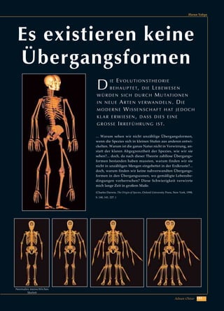 Harun Yahya
143Adnan OktarAdnan Oktar
Es existieren keine
Übergangsformen
DIE EVOLUTIONSTHEORIE
BEHAUPTET, DIE LEBEWESEN
WÜRDEN SICH DURCH MUTATIONEN
IN NEUE ARTEN VERWANDELN. DIE
MODERNE WISSENSCHAFT HAT JEDOCH
KLAR ERWIESEN, DASS DIES EINE
GROSSE IRREFÜHRUNG IST.
Normales menschliches
Skelett
... Warum sehen wir nicht unzählige Übergangsformen,
wenn die Spezies sich in kleinen Stufen aus anderen entwi-
ckelten. Warum ist die ganze Natur nicht in Verwirrung, an-
statt der klaren Abgegrenztheit der Spezies, wie wir sie
sehen?... doch, da nach dieser Theorie zahllose Übergangs-
formen bestanden haben mussten, warum finden wir sie
nicht in unzähligen Mengen eingebettet in der Erdkruste?...
doch, warum finden wir keine nahverwandten Übergangs-
formen in den Übergangszonen, wo gemäßigte Lebensbe-
dingungen vorherrschen? Diese Schwierigkeit verwirrte
mich lange Zeit in großem Maße.
(Charles Darwin, The Origin of Species, Oxford University Press, New York, 1998,
S. 140, 141, 227. )
 