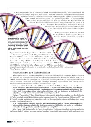 214
Das Molekül namens DNS, das im Zellkern jeder der 100 Trillionen Zellen in unserem Körper verborgen liegt, ent-
hält den vollständigen Bauplan des menschlichen Körpers. Die Information über alle Charaktereigenschaften
einer Person, von jeder Einzelheit der äußerlichen Erscheinung bis hin zur Struktur inneren Organe,
sind in der DNS mittels eines speziellen Code-Systems aufgezeichnet. Die Information in der
DNS ist in der Aufeinanderfolge von vier Basen, aus denen sich das Molekül aufbaut, ver-
schlüsselt. Diese Basen werden entsprechend der Anfangsbuchstaben ihrer Namen als A,
T, G und C bezeichnet. Alle strukturellen Unterschiede in Menschen
hängen von der Aufeinanderfolge dieser Buchstaben ab. Dies
ist eine Art Datenbank, die auf vier Buchstaben aufgebaut
ist.
Die Folgeordnung der Buchstaben innerhalb
der DNS bestimmt die Struktur eines Menschen
bis in die kleinsten Einzelheiten. Zusätzlich zu
Eigenschaften wie Größe, Augen-, Haar- und Hautfarbe enthält
die DNS einer einzigen Zelle auch das Design von 206 Knochen, 600
Muskeln, 100 Billionen Nervenzellen, 1000 Trillionen Verbindungen
zwischen den Neuronen des Gehirns, 97000 Kilometer Venen und 100 Tril-
lionen Zellen im Körper. Wollten wir die Information, die in der DNS ver-
schlüsselt ist, niederschreiben, so müssten wir eine umfangreiche Bibliothek
mit 900 Bänden von Enzyklopädien anlegen, deren jede 500 Seiten umfasste. Diese
unglaublich umfangreiche Information ist verschlüsselt in den Bestandteilen der DNS vorhanden, die
“Gene” genannt werden.
Warum kann die DNS durch Zufall nicht entstehen?
An dieser Stelle muss auf ein sehr wichtiges Detail aufmerksam gemacht werden: Ein Fehler in der Nukleotidenfol-
ge, in welcher ein Gen aufgebaut ist, würde dieses Gen unbrauchbar machen. Wenn man in Betracht zieht, dass es
300000 Gene im menschlichen Körper gibt, wird es offenbarer, wie unmöglich es ist, dass die Millionen von Nukleoti-
den, die diese Gene konstituieren, durch Zufall in der richtigen Reihenfolge angeordnet sind. Frank Salisbury, ein evo-
lutionistischer Biologe kommentiert über diese Unmöglichkeit wie folgt:
Ein durchschnittliches Protein kann etwa 300 Aminosäuren enthalten. Das DNS Gen, das den Aufbau desselben kon-
trolliert, würde etwa 1000 Nukleotiden in seiner Kette haben. Da es vier Typen von Nukleotiden in einer DNS-Kette
gibt, könnte eine Kette mit 1000 Bindungen in 41000 Formen auftreten. Eine kleine algebraische Rechnung zeigt, dass
41000 = 10600. Wenn man Zehn 600 mal mit sich selbst multipliziert, erhält man eine Zahl, in der der Eins 600 Nullen
folgen! Solch eine Zahl überschreitet unser Vorstellungsvermögen absolut.126
Die Zahl 41000
entspricht 10600.
Diese Zahl erhält man, indem man 600 Nullen hinter eine Eins setzt. Eine Trillion hat
12 Nullen, eine Zahl mit 600 Nullen ist tatsächlich schwer zu erfassen. Die Unmöglichkeit der Bildung von DNS und
RNS durch spontane Anhäufung von Nukleotiden wurde von dem französischen Wissenschaftler Paul Auger folgen-
dermaßen zum Ausdruck gebracht:
In der Zufallsbildung von komplexen Molekülen, wie Nukleotiden durch chemische Vorgänge, müssen wir klar zwi-
schen den beiden Phasen unterscheiden: Die Herstellung von einzelnen Nukleotiden – die möglich ist – und die Kom-
bination derselben in spezifischen Folgen. Letztere ist absolut unmöglich.127
Selbst Francis Crick, der lange Jahre die Theorie der molekularen Evolution vertreten hatte, gestand sich selbst ein,
nachdem er die DNS entdeckt hatte, dass solch ein komplexes Molekül nicht spontan durch Zufall, als Ergebnis eines
Es War Einmal.... Der Darwinismus
Das DNS-Molekül, das im Kern je-
der einzelnen der 100 Trillionen Zel-
len unseres Körpers vorhanden ist,
enthält den kompletten Bauplan für die
"Konstruktion" des menschlichen Kör-
pers. Die Informationen über sämtliche
Eigenschaften des Menschen, von der
physischen Erscheinung bis zur Anato-
mie der inneren Organe, sind in der
DNS abgelegt.
 