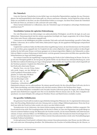 Es War Einmal.... Der Darwinismus266
Der Tintenfisch
Unter der Haut des Tintenfisches ist eine dichte Lage von elastischen Pigmentsäcken angelegt, die sog. Chromato-
phoren. Sie sind hauptsächlich in den Farben gelb, rot, schwarz und braun vorhanden. Auf ein Signal hin weiten sich die
Zellen aus und fließen in die Haut, um den erforderlichen Farbton zu erzeugen. Auf diese Weise nimmt der Tintenfisch
die Farbe der Felsen an, auf denen er ruht, und tarnt sich somit völlig.
Dieses System funktioniert so vollkommen, dass der Tintenfisch sogar ein komplexes zebraartiges Streifenmuster
annehmen kann.185
Verschiedene Systeme der optischen Wahrnehmung
Für viele Meerestiere ist das Sehvermögen von außerordentlicher Wichtigkeit, sowohl für die Jagd, als auch zum
Selbstschutz. Dementsprechend sind die meisten aquatischen Geschöpfe mit Augen ausgestattet, die in ihrem Design
dem Leben unter Wasser vollkommen angepaßt sind.
Unterwasser ist die Sehfähigkeit mit größer werdender Tiefe mehr und mehr beeinträchtigt, speziell in Tiefen über
30 Meter. Lebewesen, die in solchen Tiefen leben, haben jedoch Augen, die den gegebenen Bedingungen entsprechend
beschaffen sind.
Ungleich den Landtieren haben die Meeresbewohner kugelförmige Linsen, die den Erfordernissen der Wasserdich-
te, in der sie leben, genau angepaßt sind. Im Vergleich mit den weiten elliptischen Augen der Landtiere ist diese Kugel-
struktur für die Sicht unter Wasser weit besser geeignet; sie ist darauf eingerichtet, Objekte in der Nahansicht zu sehen.
Falls ein Objekt in weiterer Entfernung in Sicht kommt, wird das gesamte Linsensystem mit Hilfe eines speziellen Mus-
kelmechanismus im Auge nach hinten gezogen.
Ein weiterer Grund für die kugelförmige Augengestaltung der Fische ist die Lichtbrechung im Wasser. Da das Au-
ge mit einer Flüssigkeit gefüllt ist, die fast genau die gleiche Dichte wie das Wasser hat, tritt keine Brechung ein, wenn
das Bild einer äußeren Erscheinung am Auge widergespiegelt wird, welches die Augenlinse dann scharf eingestellt auf
die Netzhaut projiziert. Ungleich den Menschen se-
hen Fische sehr scharf unter Wasser.
Manche Tiere, wie der Polyp, haben
sehr große Augen, um den Mangel an
Licht in größerem Wassertiefen auszu-
gleichen. In Tiefen über 300 Meter
müssen die großäugigen Fi-
sche die blitzartigen Licht-
reflexionen der in der
Umgebung vorhandenen
Organismen erfassen, um sie wahrzunehmen. Sie müssen speziell sensitiv für das schwache blaue Licht sein, das bis in
diese Tiefen durchdringt, und daher befinden sich viele blau-sensitive Zellen in der Netzhaut ihrer Augen.
Wie aus diesen Beispielen verständlich wird, hat jedes einzelne Lebewesen genau die Augen, die in ihrem Design
speziell seinen Bedürfnissen angepaßt sind. Dies ist ein deutlicher Hinweis darauf, dass sie alle, ihren Aufgaben ent-
sprechend, von einem Schöpfer, Der unbegrenzte Weisheit, Wissen und Macht besitzt, erschaffen wurden.
Ein spezielles Tiefkühlsystem
Ein gefrorener Frosch stellt ein äußerst ungewöhnliches biologisches Phänomen dar. Er zeigt keinerlei Lebensanzei-
chen. Sein Herzschlag, Blutkreislauf und seine Atmung sind zu einem völligen Stillstand gekommen. Wenn das Eis je-
doch taut, kehrt der Frosch ins Leben zurück, als wäre er aus dem Schlaf erwacht.
Normalerweise ist ein Lebewesen, das einem Gefriervorgang unterzogen ist, tödlichen Gefahren ausgesetzt. Der
Frosch jedoch ist das nicht. Die Grundeigenschaft, die ihn davor schützt, ist, dass sein Organismus eine große Menge an
Glucose in diesem Stadium erzeugt. Der Blutzucker des Frosches erreicht, wie bei einem Diabetiker sehr hohe Konzent-
rationen. Er kann zeitweise Höhen von 550 Millimol pro Liter erreichen. (Die Normalwerte beim Frosch liegen bei 1–5
mmol/l, und beim Menschen bei 4–5 mmol/l.) Diese extreme Glucosekonzentration würde unter Normalbedingungen
ernsthafte Probleme herbeiführen.
In dem gefrorenen Frosch jedoch verhindert diese extreme Glucosekonzentration, dass Wasser aus den Zellen aus-
tritt, und somit eine Schrumpfung derselben. Die Zellmembran des Frosches ist hochdurchlässig für die Glucose, so
 
