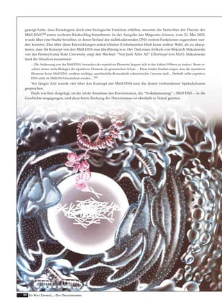 80 Es War Einmal.... Der Darwinismus
gezeigt hatte, dass Pseudogene doch eine biologische Funktion erfüllen, mussten die Verfechter der Theorie der
Müll-DNS100 einen weiteren Rückschlag hinnehmen. In der Ausgabe des Magazins Science, vom 23. Mai 2003,
wurde über eine Studie berichtet, in deren Verlauf der nichtkodierenden DNS weitere Funktionen zugeordnet wer-
den konnten. Den über diese Entwicklungen unterrichteten Evolutionisten blieb keine andere Wahl, als zu akzep-
tieren, dass ihr Konzept von der Müll-DNS nun überflüssig war. Der Titel eines Artikels von Wojciech Makalowski
von der Pennsylvania State University zeigt den Wechsel: “Not Junk After All“ (Überhaupt kein Müll). Makalowski
fasst die Situation zusammen:
…Die Auffassung von der Müll-DNS, besonders der repetitiven Elemente, begann sich in den frühen 1990ern zu ändern. Heute er-
achten immer mehr Biologen die repetitiven Elemente als genomischen Schatz. …Diese beiden Studien zeigen, dass die repetitiven
Elemente keine Müll-DNS, sondern wichtige, unerlässliche Bestandteile eukariotischer Genome sind… Deshalb sollte repetitive
DNS nicht als Müll-DNA bezeichnet werden…101
Vor langer Zeit wurde viel über das Konzept der Müll-DNS und die damit verbundenen Spekulationen
gesprochen.
Doch wie hier dargelegt, ist die letzte Annahme des Darwinismus, die “Verkümmerung“ – Müll DNS – in die
Geschichte eingegangen, und diese letzte Zuckung des Darwinismus ist ebenfalls in Verruf geraten.
 