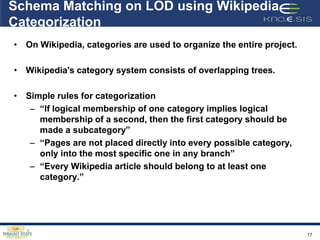 Schema Matching on LOD using Wikipedia
Categorization
• On Wikipedia, categories are used to organize the entire project.

• Wikipedia's category system consists of overlapping trees.

• Simple rules for categorization
   – “If logical membership of one category implies logical
     membership of a second, then the first category should be
     made a subcategory”
   – “Pages are not placed directly into every possible category,
     only into the most specific one in any branch”
   – “Every Wikipedia article should belong to at least one
     category.”




                                                                      17
 