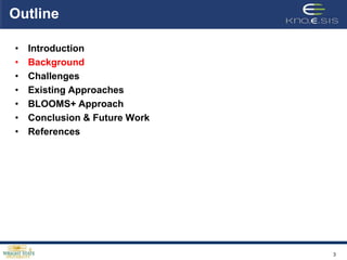 Outline

•   Introduction
•   Background
•   Challenges
•   Existing Approaches
•   BLOOMS+ Approach
•   Conclusion & Future Work
•   References




                               3
 